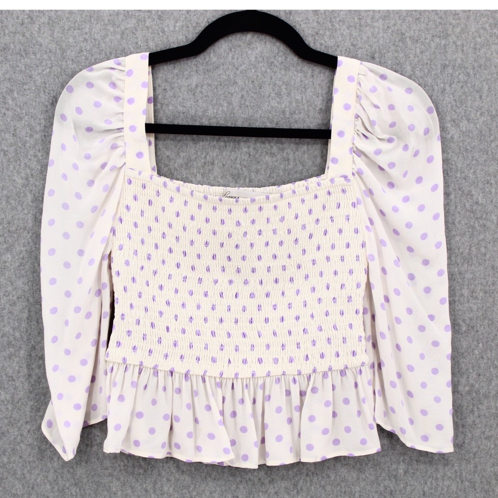Lovers and Friends Polka Dot Smocked Peplum Top Lavender Cream Puff Sleeve Small